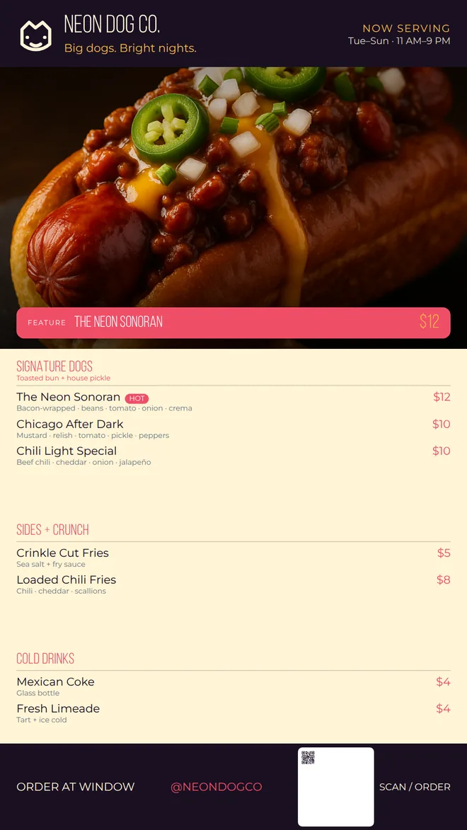 Hot dog truck vertical digital menu board