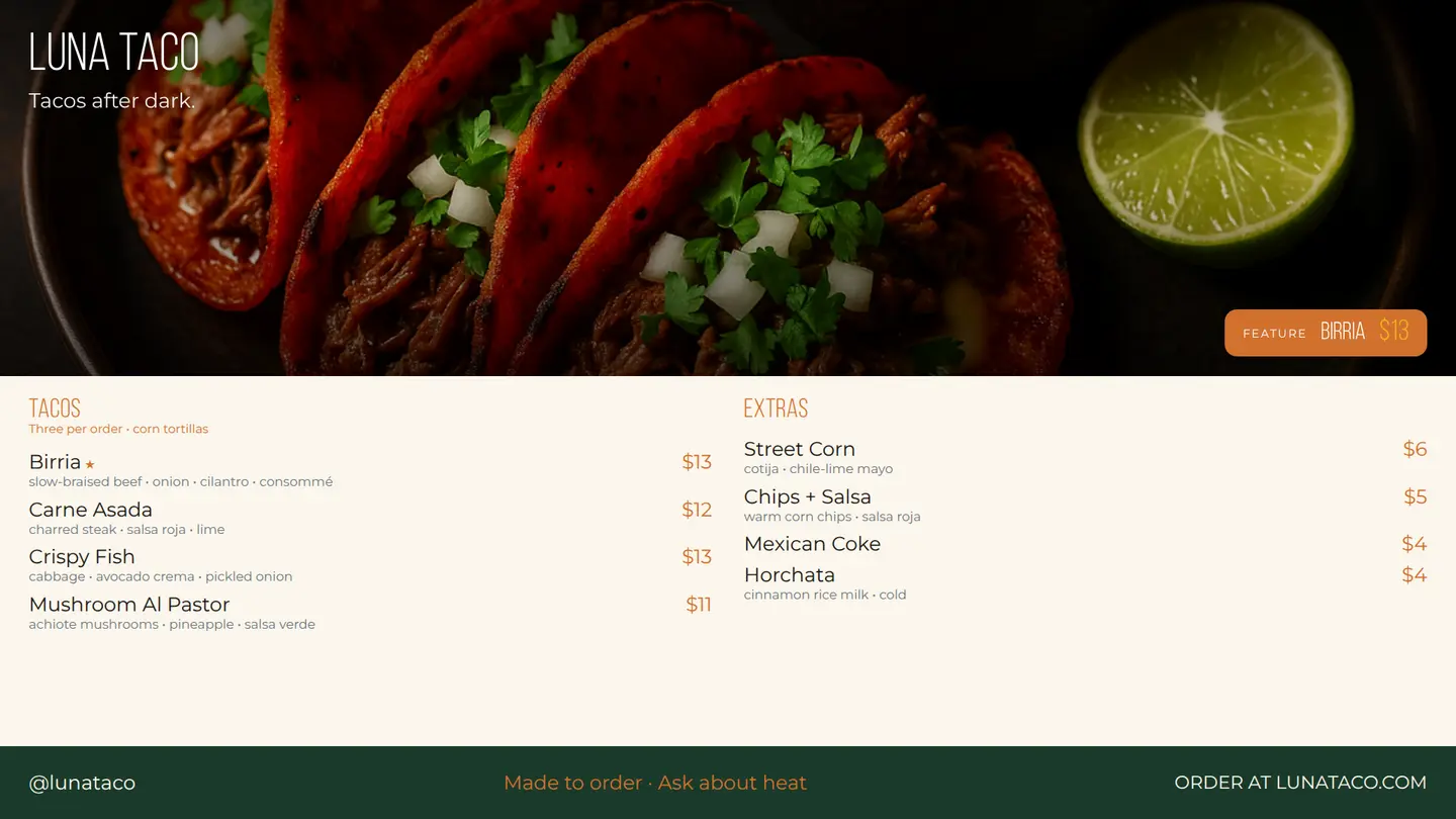 Taco truck digital menu board